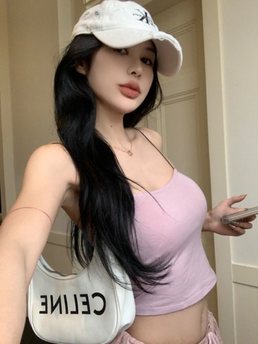 Real shot Summer new solid color slim fit versatile short camisole top for women with chest pad