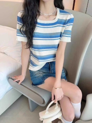韩版方领短款拼色条纹短袖t恤女2024春夏季新款百搭修身气质针织