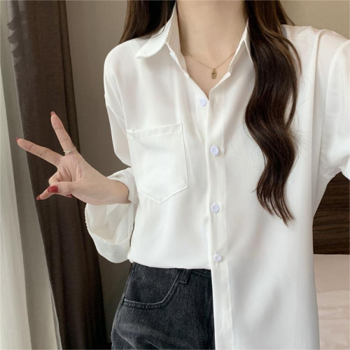 韩版雪纺衬衫女夏设计感新款 法式上衣宽松慵懒风长袖衬衣