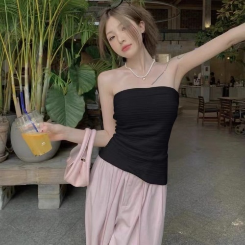 Pure lust style pleated sleeveless tube top for women new summer hot girl slim fit inner and outer wear chest top