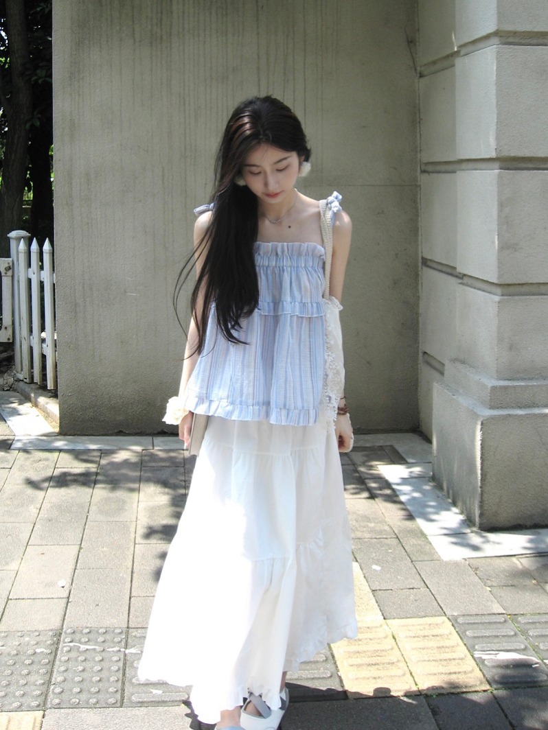 實拍藍色條紋木耳邊綁帶吊帶2024夏季新款設計感無袖上衣女