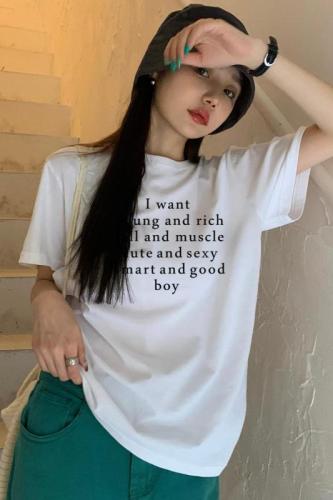 Actual shot of summer Korean style pure cotton right shoulder English printed loose and versatile round neck short-sleeved T-shirt top for women