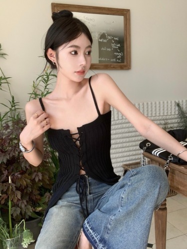 French style knitted camisole lace-up vest vertical drawstring knitted camisole women's short sleeveless top