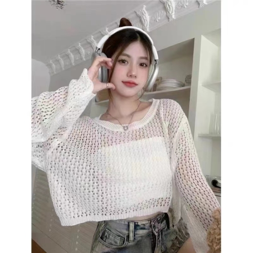 韩版夏季新款针织设计感韩版镂空百搭薄款长袖套头防晒衫上衣女