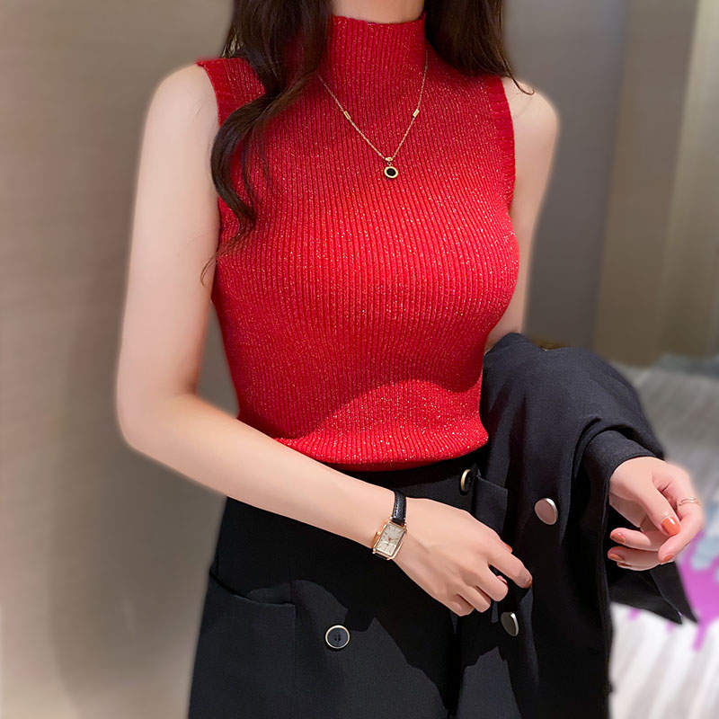 春夏新款亮絲中高領修身百搭無袖背心女夏季純色背心西裝打底衫