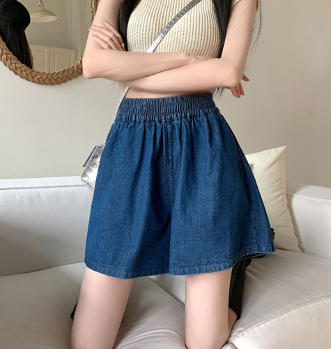 Actual shot ~ 2024 new Korean style elastic waist jeans casual straight wide leg pants shorts for women trendy