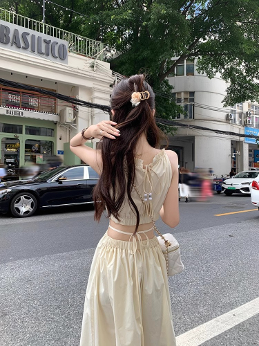 Seaside niche design hollow waist halterneck suspender dress women's summer waist slimming tassel long skirt