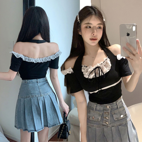 Pure Desire Hot Girl Halter Neck Slim Top Women Summer High Waist Short Lace Splicing Sexy Ins Short Sleeve T-Shirt