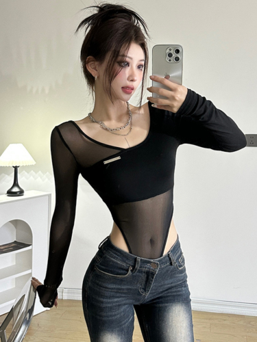 260g rayon spliced ​​mesh sexy sister style black mesh spliced ​​long-sleeved T-shirt women's bottoming jumpsuit