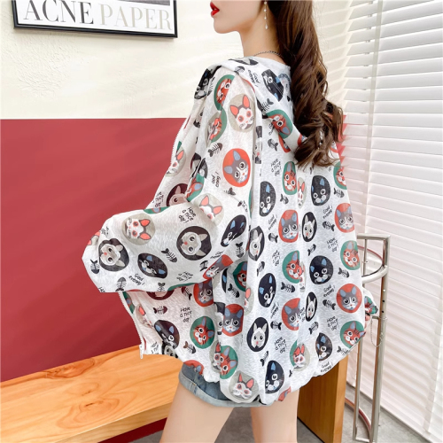 Actual Korean version of sun protection clothing for women with ins design, hooded printing, large size women's clothing, fat, fashionable, loose and thin jacket