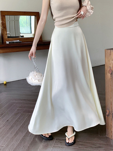 Actual shot~New high-waisted slimming French retro acetate satin drape skirt with long skirt for women