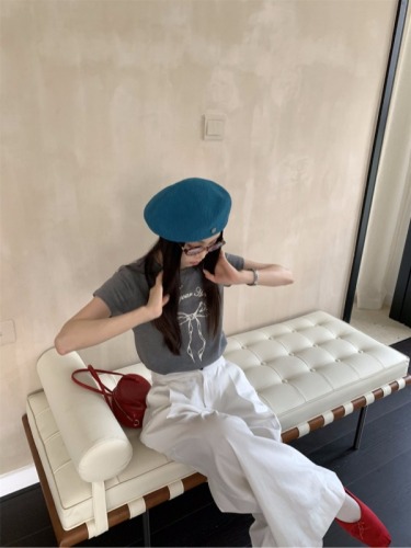 Actual shot Korean retro bow T-shirt versatile loose floor-length wide-leg pants suit