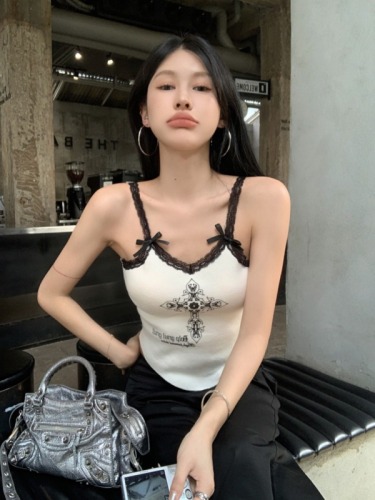 Actual shot of new summer wear cross flower print lace splicing bow vest halter top for women