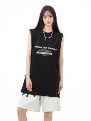 純棉 設計感夏季新款韓版美式復古字前後母印花背心t恤女寬鬆上衣