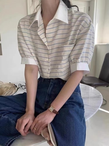 韩国chic 小众撞色条纹衬衣