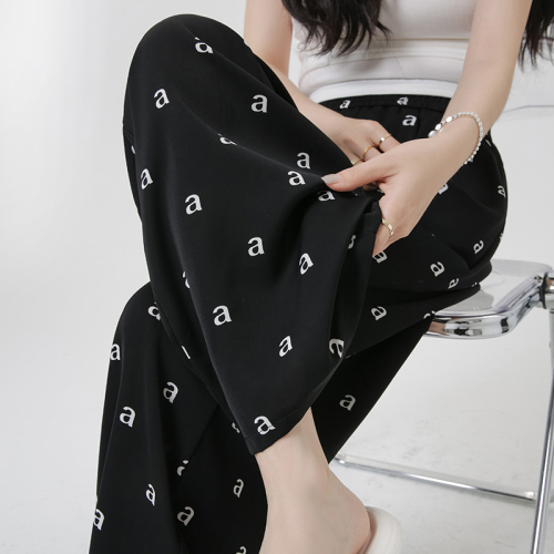 Summer Korean style casual wide-leg pants, floor-length pants, drapey ice silk cool pants, letter air-conditioned pants