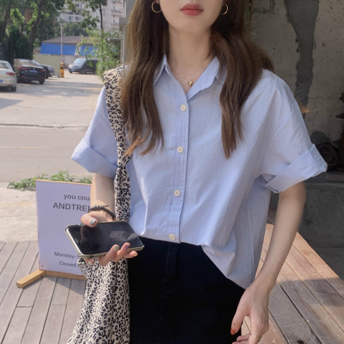 实拍  夏季新款韩版设计感小众糖果色宽松百搭短袖衬衫