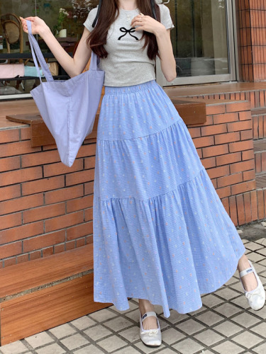 Actual shot~ Summer new style plaid embroidery casual A-line skirt for women with high waist and slimming and big swing cake long skirt