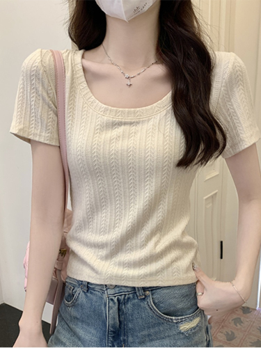 Chic knitted short-sleeved T-shirt for women 2024 new style pure desire square neck right shoulder short top