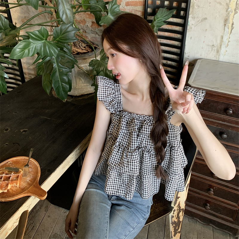 黑白細格設計小眾網紅吊帶女2024年新款短款無袖法式獨特别致上衣