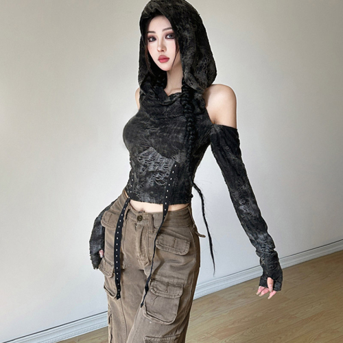 Official photo Wasteland style hand-made frayed hooded off-shoulder long-sleeved T-shirt for women slimming high-waisted personalized short top