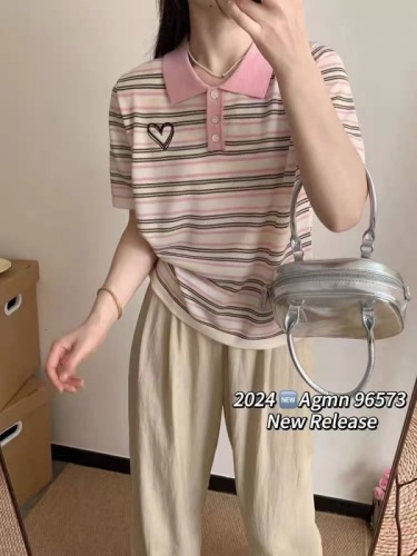 Sweet and cute contrasting color love striped lapel short-sleeved women's summer new slim and versatile age-reducing pullover top trendy