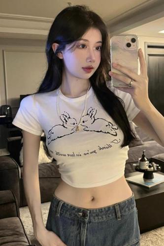 Actual shot of new summer style pure lust bunny printed short short-sleeved slim fit versatile T-shirt top