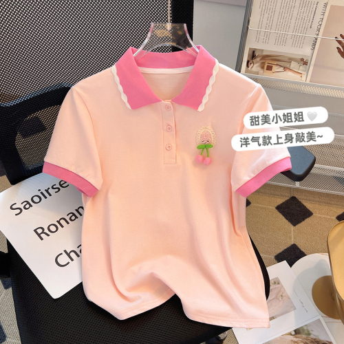 粉色短袖polo衫女夏季小个子短款polo领女T恤正肩宽松上衣保罗衫