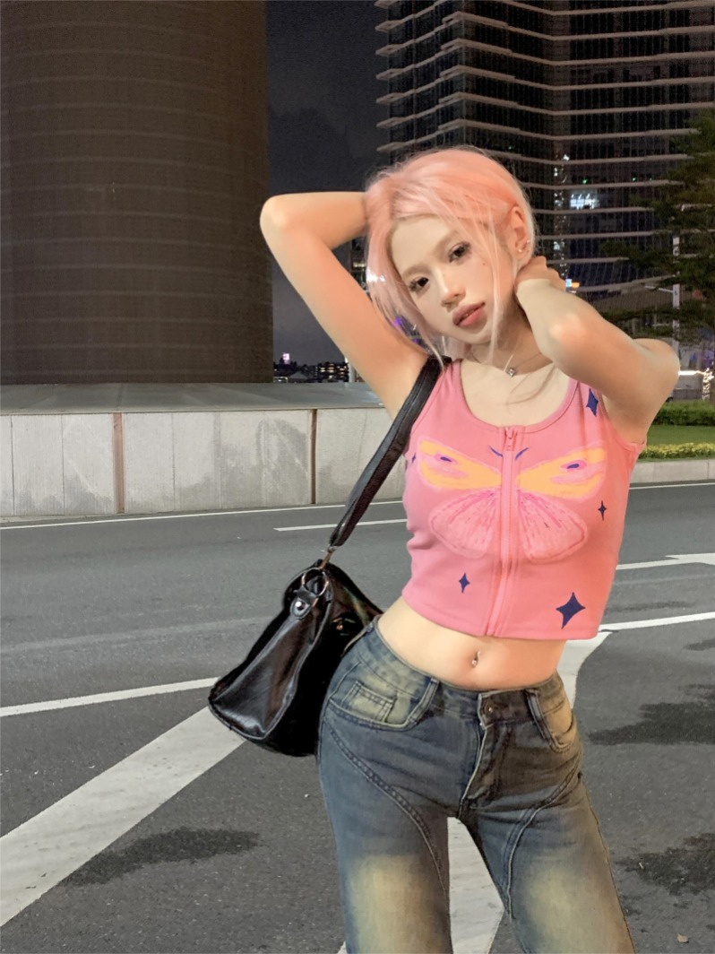 實拍 蝴蝶星夢粉色手繪塗鴉印花背心女無袖拉鏈上衣