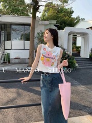 夏款塗鴉童趣可愛熊熊印花背心女設計感小眾藝術塗鴉無袖上衣