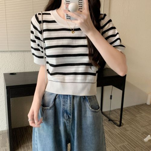 Summer thin hollow ice silk knitted top with stripes, straight shoulder short sleeve t-shirt for women, high-waisted short top
