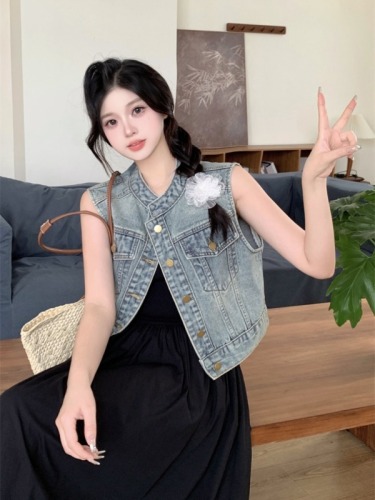 Real shot ~ American retro denim vest for women 2024 summer new stand collar jacket casual