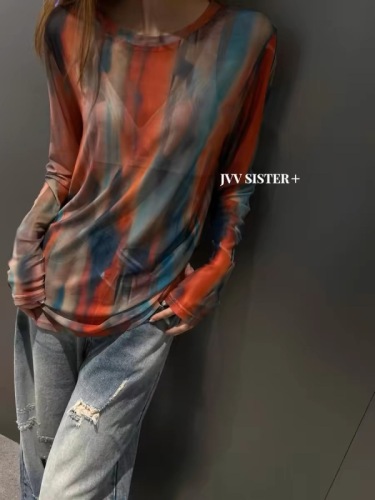 JVV SISTER hot girl style tie-dye printed mesh long-sleeved T-shirt women's spring and summer see-through slim bottoming shirt top