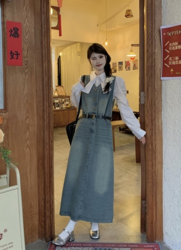Actual shot of 2024 new autumn and summer fashion slim denim dress vest long skirt with belt