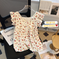 法式甜美娃娃衫女夏季小眾設計感別致吊帶襯衫外穿碎花小飛袖上衣