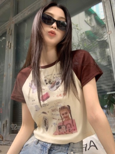 Real shot American street lettering printed T-shirt for women summer new slim hot girl short slim top