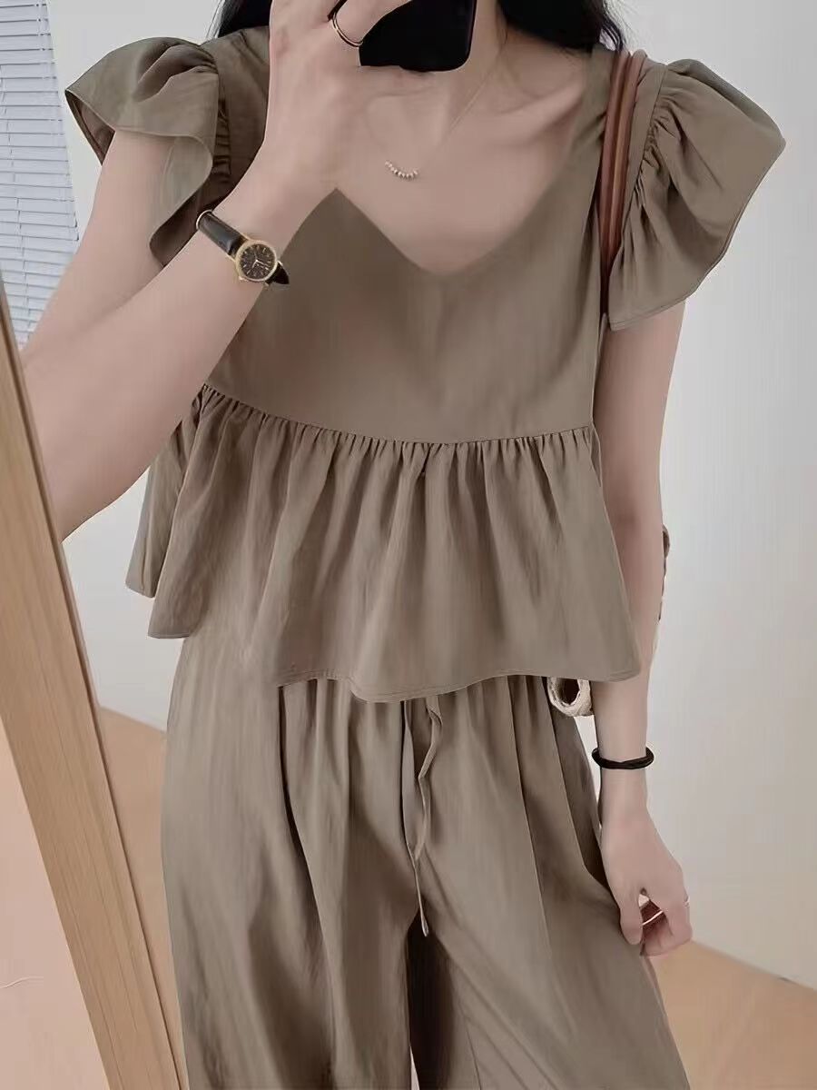 韓系chic減齡氣質v領小飛袖背心襯衫女高腰闊腿褲休閒褲套裝