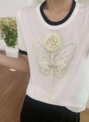 Heavy industry three-dimensional butterfly rose letter short-sleeved round neck pullover sweater for women summer loose and versatile slimming top