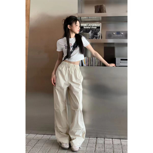 American-style leggings trousers for women, high-waisted drawstring straight overalls, summer casual trousers, loose wide-leg trousers, floor-length trousers