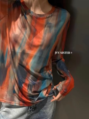 JVV SISTER hot girl style tie-dye printed mesh long-sleeved T-shirt women's spring and summer see-through slim bottoming shirt top