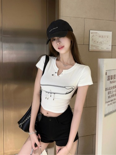 Actual shot~ Design niche round neck/pin splicing V-neck, right shoulder, long and short style, versatile short-sleeved T-shirt