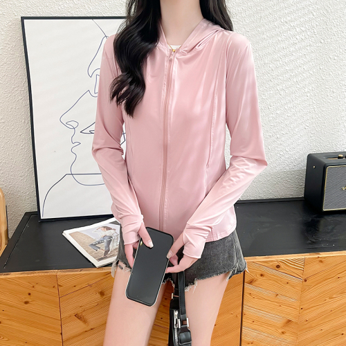 Real shot of Dongdaemun, South Korea, summer anti-UV design solid color ice silk hooded sun protection clothing for women