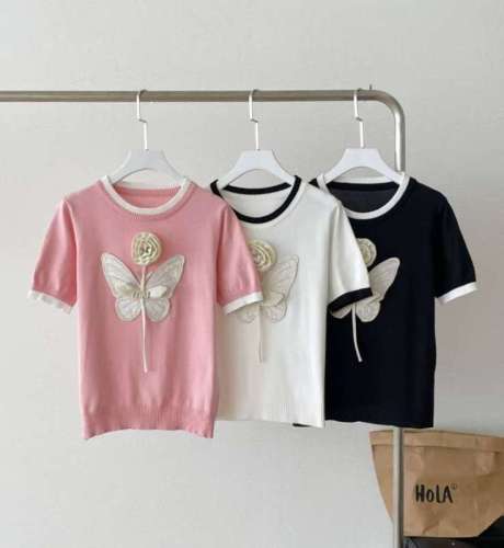 Heavy industry three-dimensional butterfly rose letter short-sleeved round neck pullover sweater for women summer loose and versatile slimming top