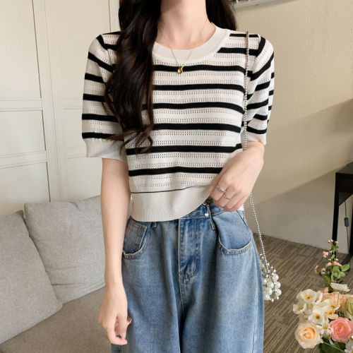 Summer thin hollow ice silk knitted top with stripes, straight shoulder short sleeve t-shirt for women, high-waisted short top