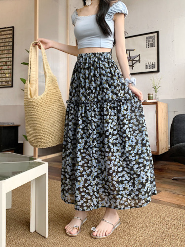 Actual shot ~ Temperament retro age-reducing floral skirt for women in summer, versatile, slimming and stylish A-line long skirt