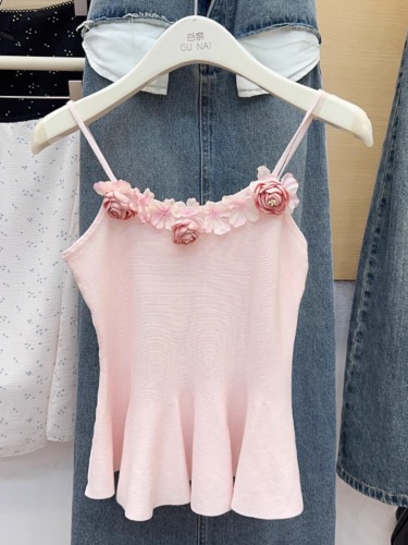 立体花朵性感针织吊带小背心女夏季收腰显瘦辣妹粉色短款上衣外穿