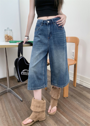 Actual shot ~ American retro high street jeans for women, high-waisted, slim, straight, wide-leg, cropped trousers