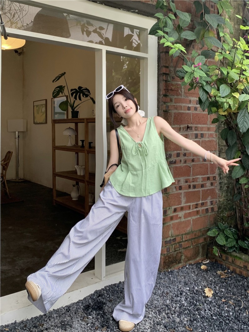實拍韓系少女設計感顯瘦無袖背心上衣+休閒顯瘦條紋褲