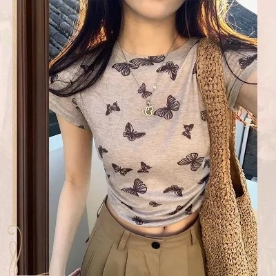 Huanghuangjia pleated butterfly print T-shirt 2024 spring and summer pure desire short style slim niche design navel-baring short-sleeved women