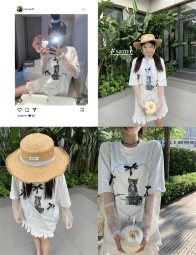 Real shot of spliced ​​mesh fake two-piece three-dimensional bow cat print sweet long-sleeved T-shirt